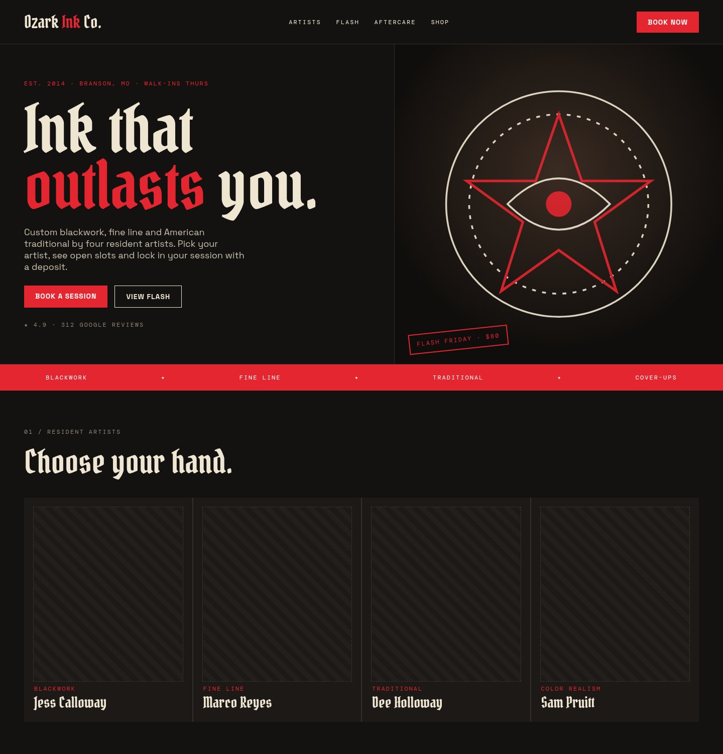 Desktop view of a sample small business website with online booking, designed for Ozark Ink Co., a fictional tattoo studio